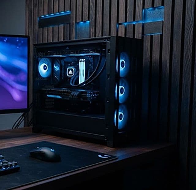 Gaming-PC med blå vifter ved en panelvegg