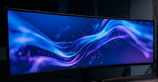 Buet ultrawide-skjerm med blått bakgrunnsbilde
