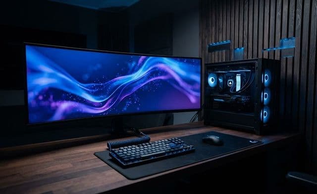 Gaming-PC og buet ultrawide-skjerm på en trepult