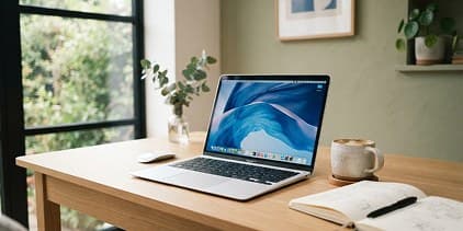 Bærbar PC på et skrivebord ved vinduet