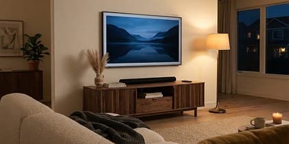 TV på veggen i en lun stue om kvelden